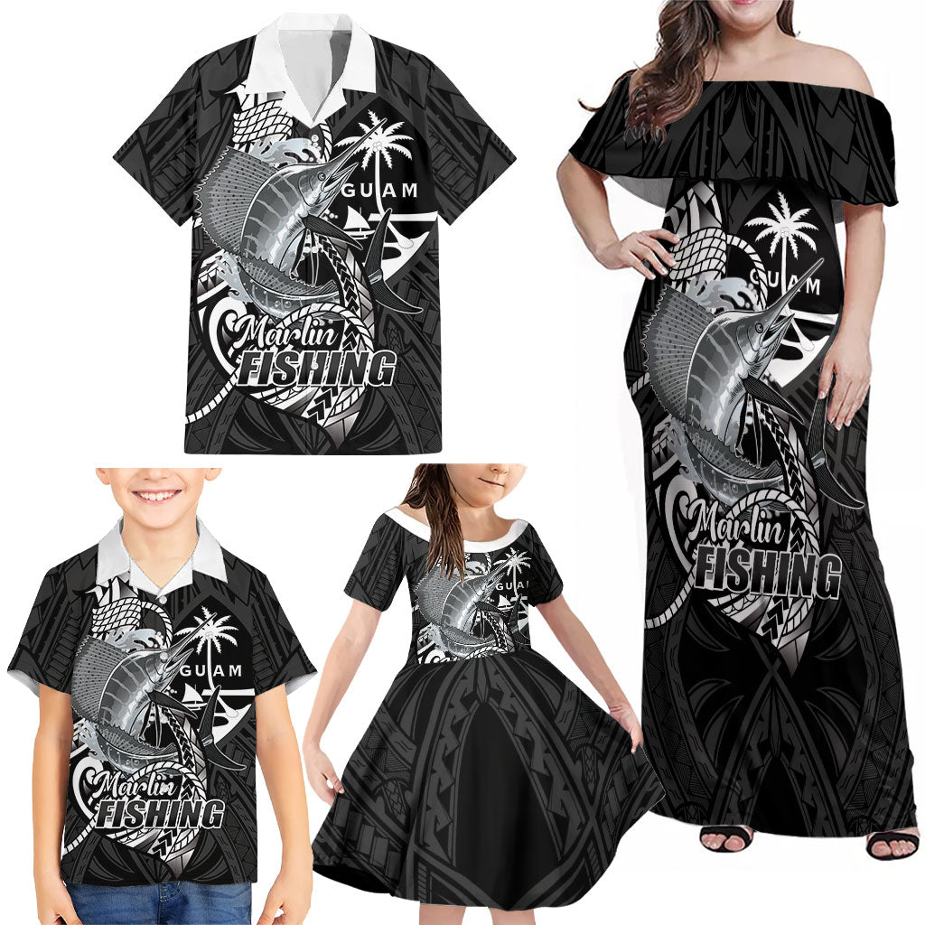 Guam Blue Marlin Fishing Family Matching Off Shoulder Maxi Dress and Hawaiian Shirt Guahan Fish Hook Tattoo Black Version LT14 - Polynesian Pride
