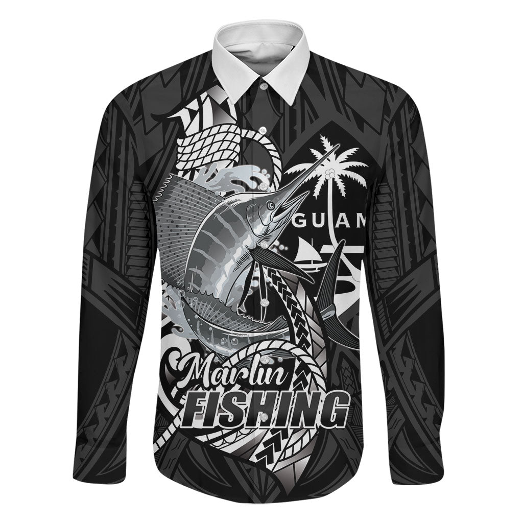 Guam Blue Marlin Fishing Family Matching Off Shoulder Maxi Dress and Hawaiian Shirt Guahan Fish Hook Tattoo Black Version LT14 Dad's Shirt - Long Sleeve Black - Polynesian Pride