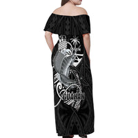 Guam Blue Marlin Fishing Family Matching Off Shoulder Maxi Dress and Hawaiian Shirt Guahan Fish Hook Tattoo Black Version LT14 - Polynesian Pride