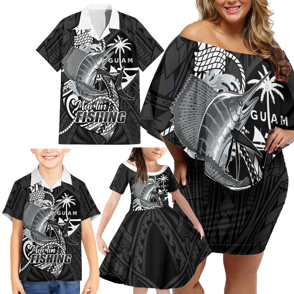 Guam Blue Marlin Fishing Family Matching Off Shoulder Short Dress and Hawaiian Shirt Guahan Fish Hook Tattoo Black Version