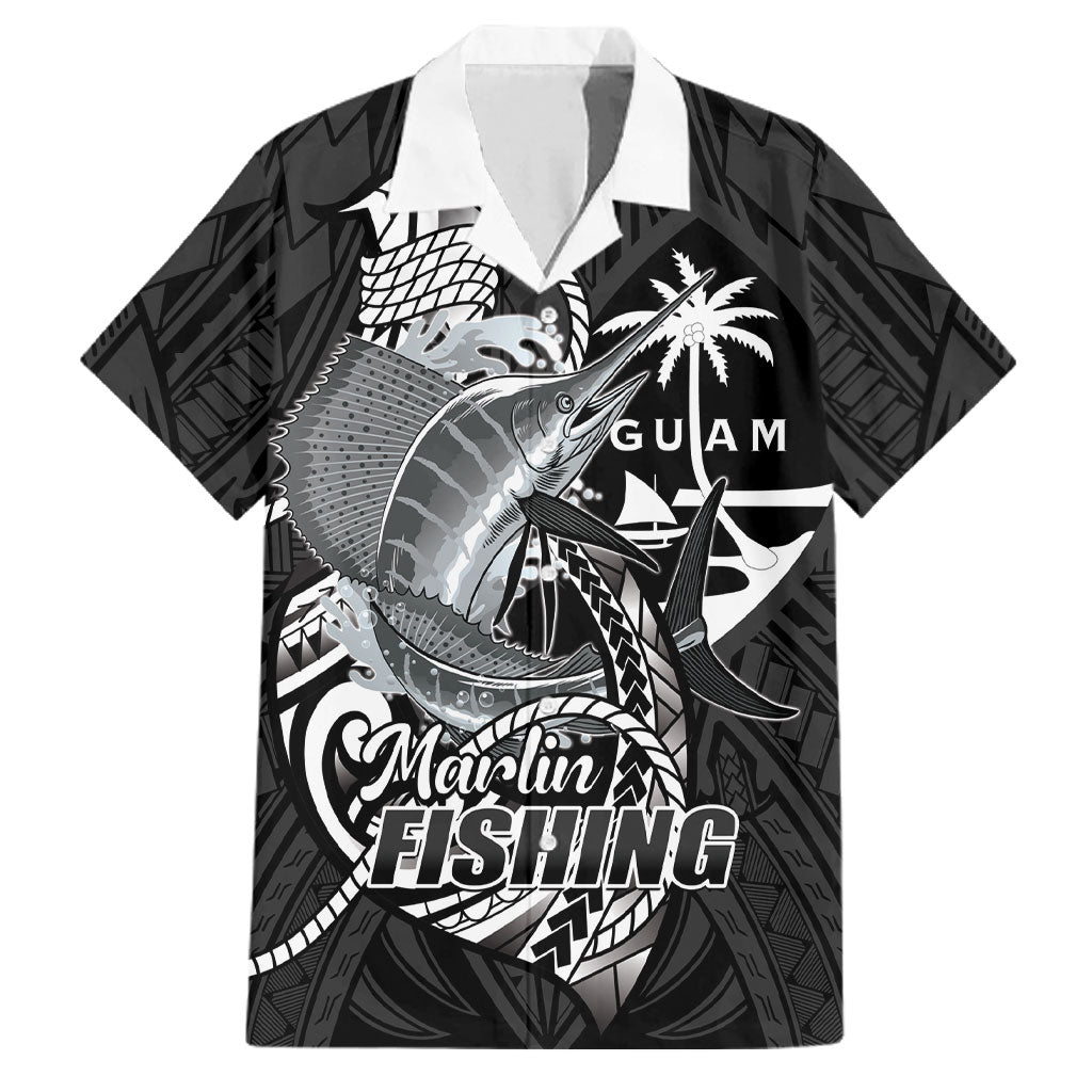 Guam Blue Marlin Fishing Family Matching Off Shoulder Short Dress and Hawaiian Shirt Guahan Fish Hook Tattoo Black Version LT14 Dad's Shirt - Short Sleeve Black - Polynesian Pride