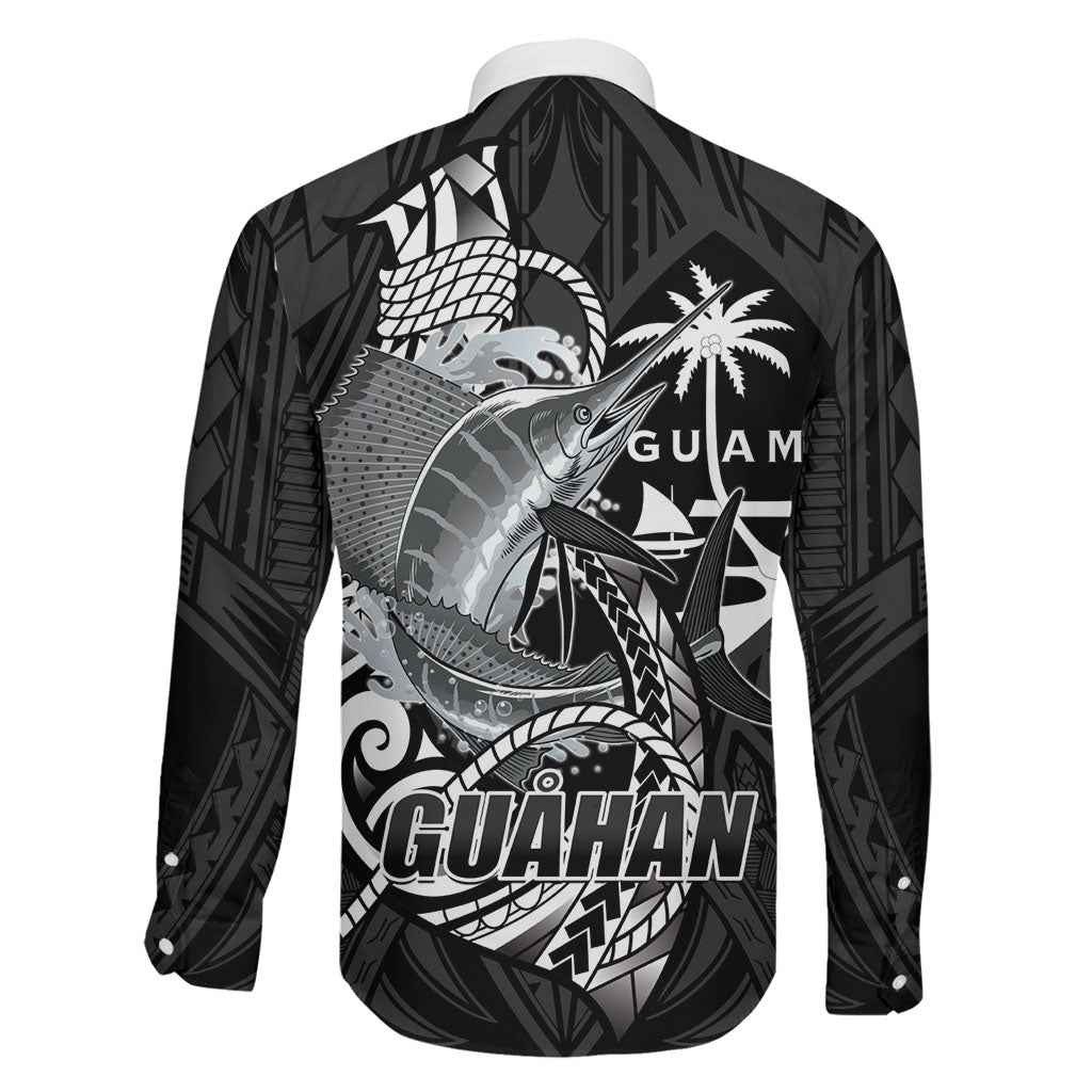Guam Blue Marlin Fishing Family Matching Off Shoulder Short Dress and Hawaiian Shirt Guahan Fish Hook Tattoo Black Version LT14 - Polynesian Pride