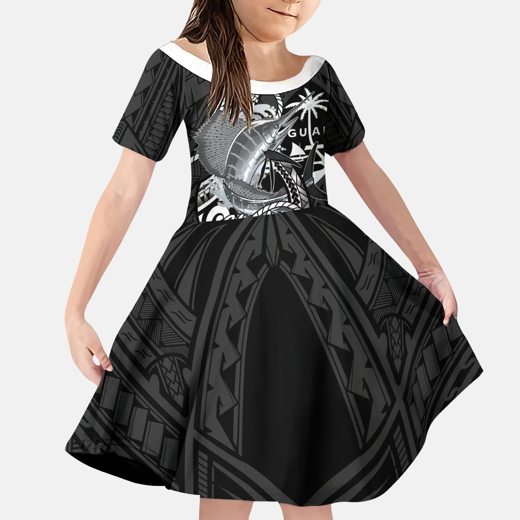 Guam Blue Marlin Fishing Family Matching Short Sleeve Bodycon Dress and Hawaiian Shirt Guahan Fish Hook Tattoo Black Version LT14 Daughter's Dress Black - Polynesian Pride