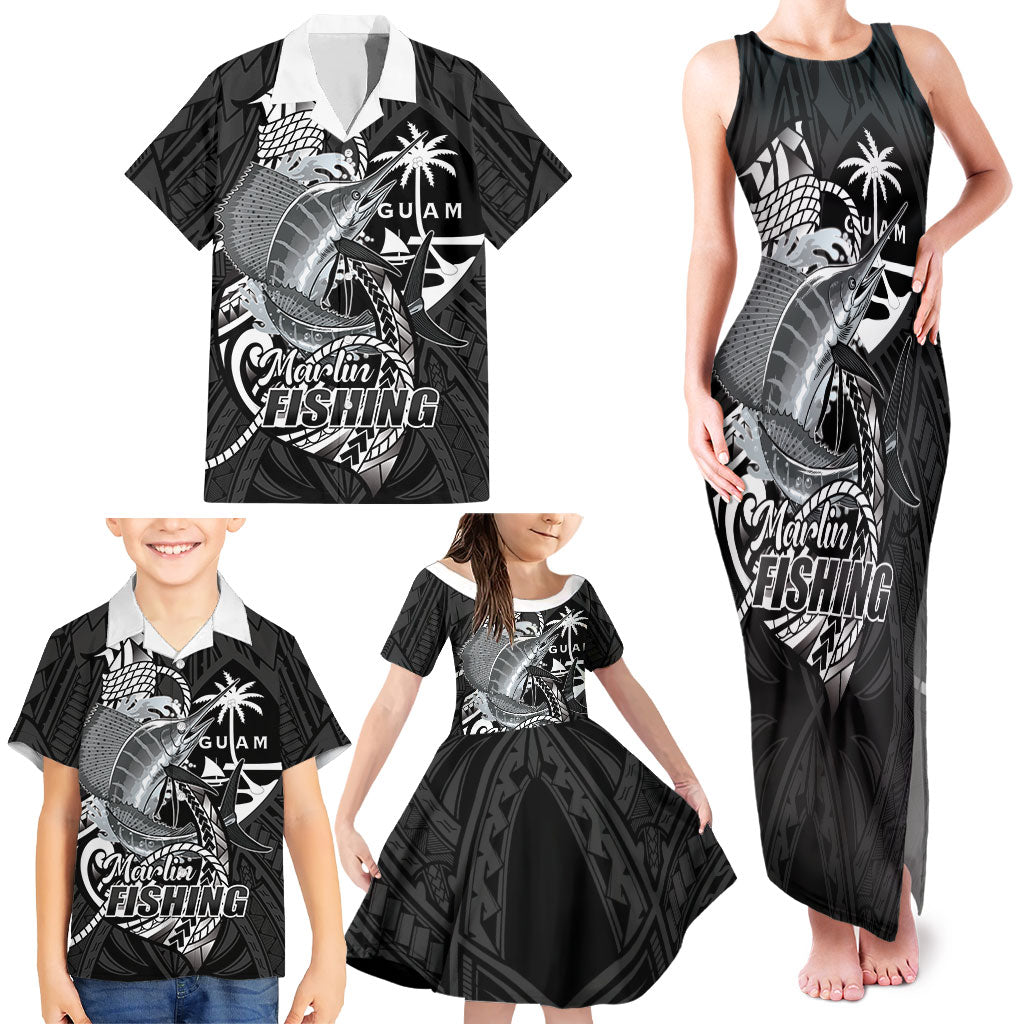 Guam Blue Marlin Fishing Family Matching Tank Maxi Dress and Hawaiian Shirt Guahan Fish Hook Tattoo Black Version LT14 - Polynesian Pride
