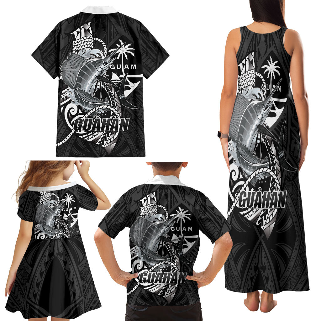 Guam Blue Marlin Fishing Family Matching Tank Maxi Dress and Hawaiian Shirt Guahan Fish Hook Tattoo Black Version LT14 - Polynesian Pride
