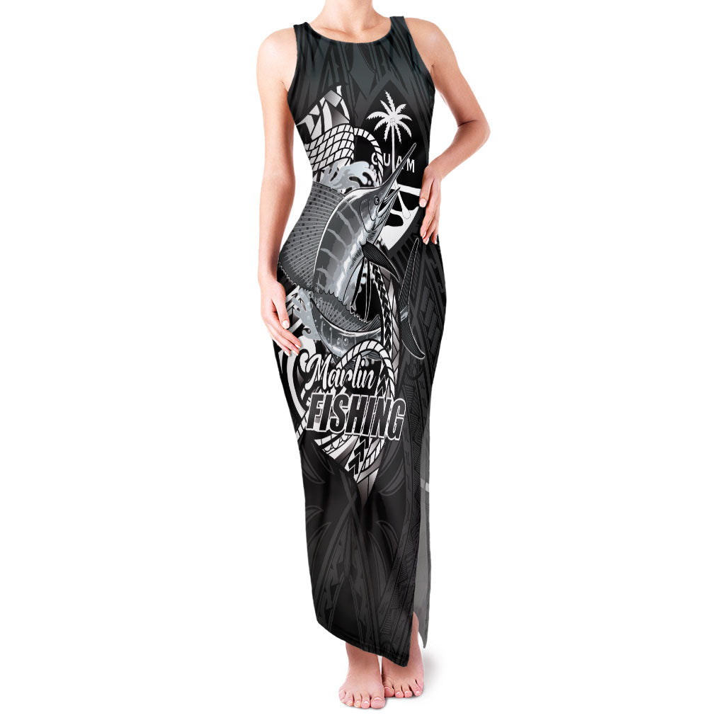 Guam Blue Marlin Fishing Family Matching Tank Maxi Dress and Hawaiian Shirt Guahan Fish Hook Tattoo Black Version LT14 Mom's Dress Black - Polynesian Pride