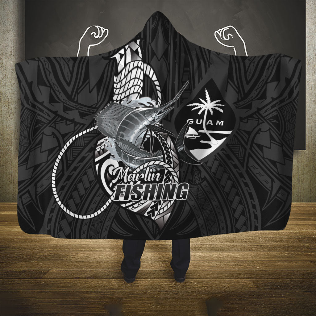 Guam Blue Marlin Fishing Hooded Blanket Guahan Fish Hook Tattoo Black Version