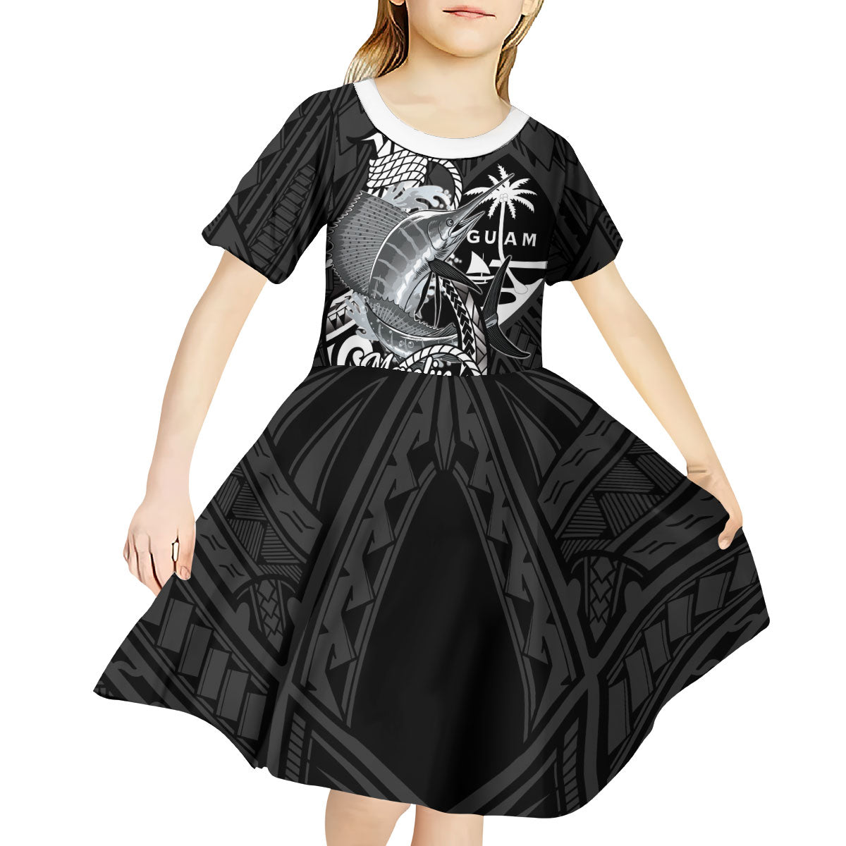 Guam Blue Marlin Fishing Kid Short Sleeve Dress Guahan Fish Hook Tattoo Black Version