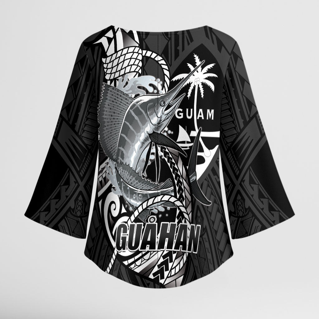 Guam Blue Marlin Fishing Kimono Sleeve Blouse Guahan Fish Hook Tattoo Black Version