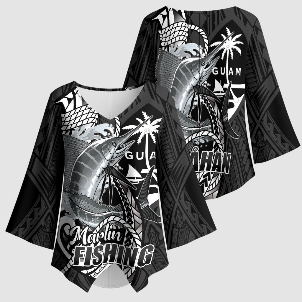 Guam Blue Marlin Fishing Kimono Sleeve Blouse Guahan Fish Hook Tattoo Black Version