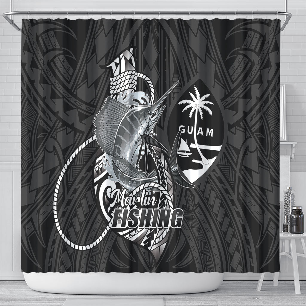 Guam Blue Marlin Fishing Shower Curtain Guahan Fish Hook Tattoo Black Version