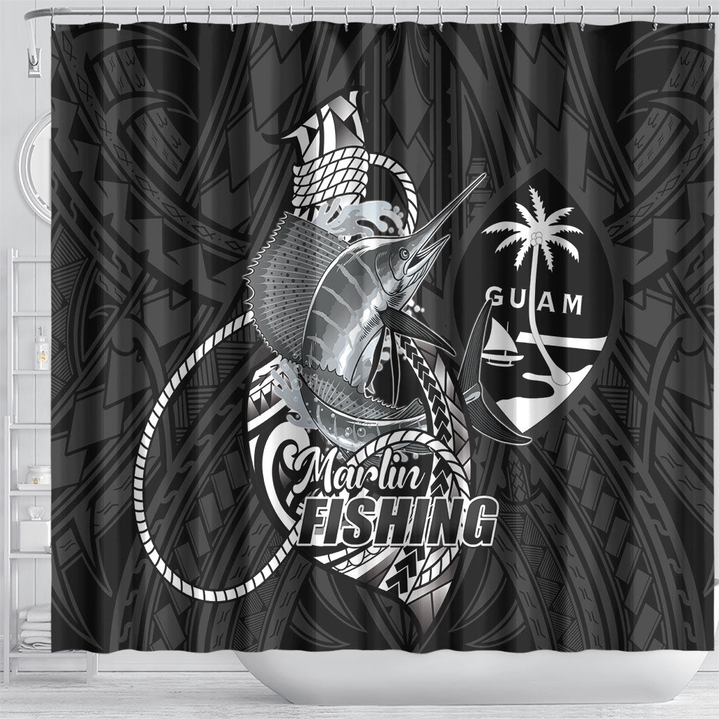 Guam Blue Marlin Fishing Shower Curtain Guahan Fish Hook Tattoo Black Version