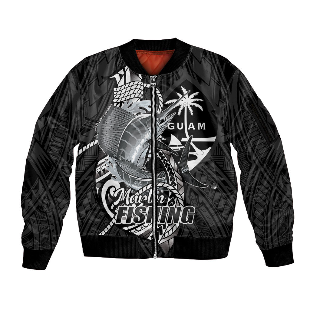 Guam Blue Marlin Fishing Sleeve Zip Bomber Jacket Guahan Fish Hook Tattoo Black Version