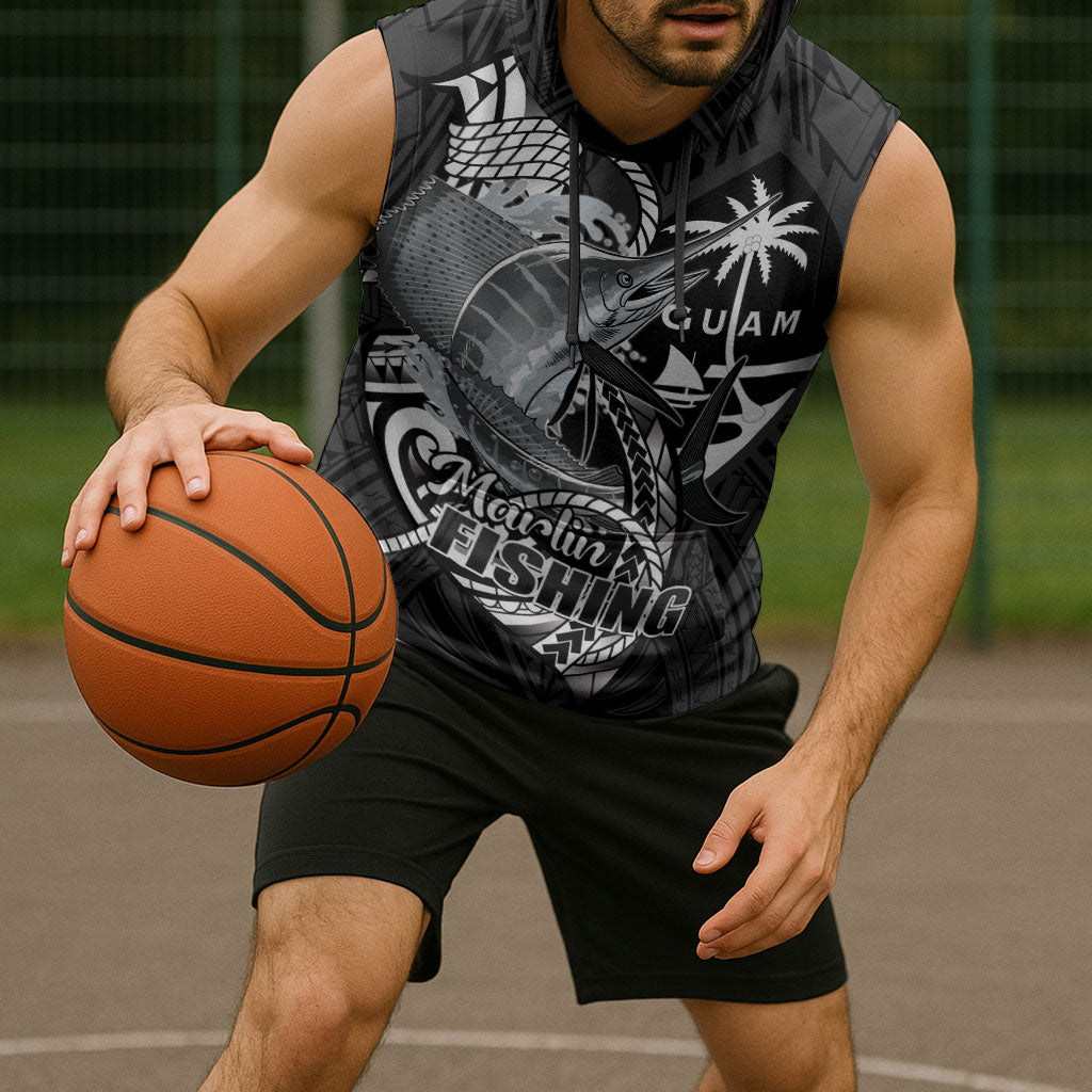 Guam Blue Marlin Fishing Sleeveless Hoodie Guahan Fish Hook Tattoo Black Version
