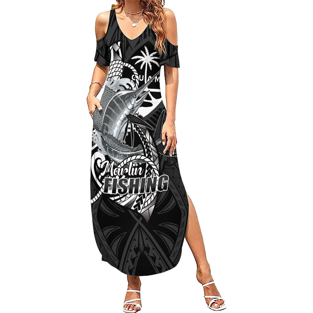 Guam Blue Marlin Fishing Summer Maxi Dress Guahan Fish Hook Tattoo Black Version LT14 Women Black - Polynesian Pride