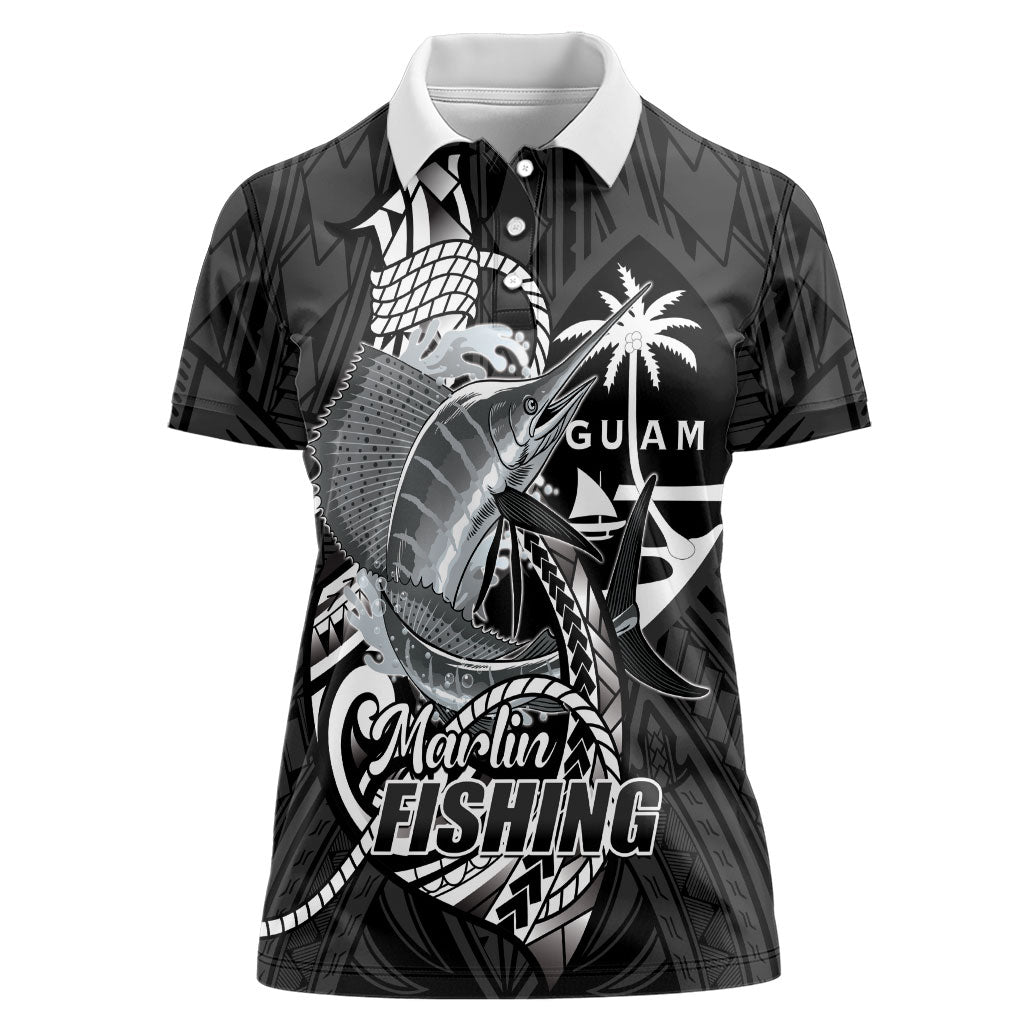 Guam Blue Marlin Fishing Women Polo Shirt Guahan Fish Hook Tattoo Black Version LT14 Female Black - Polynesian Pride