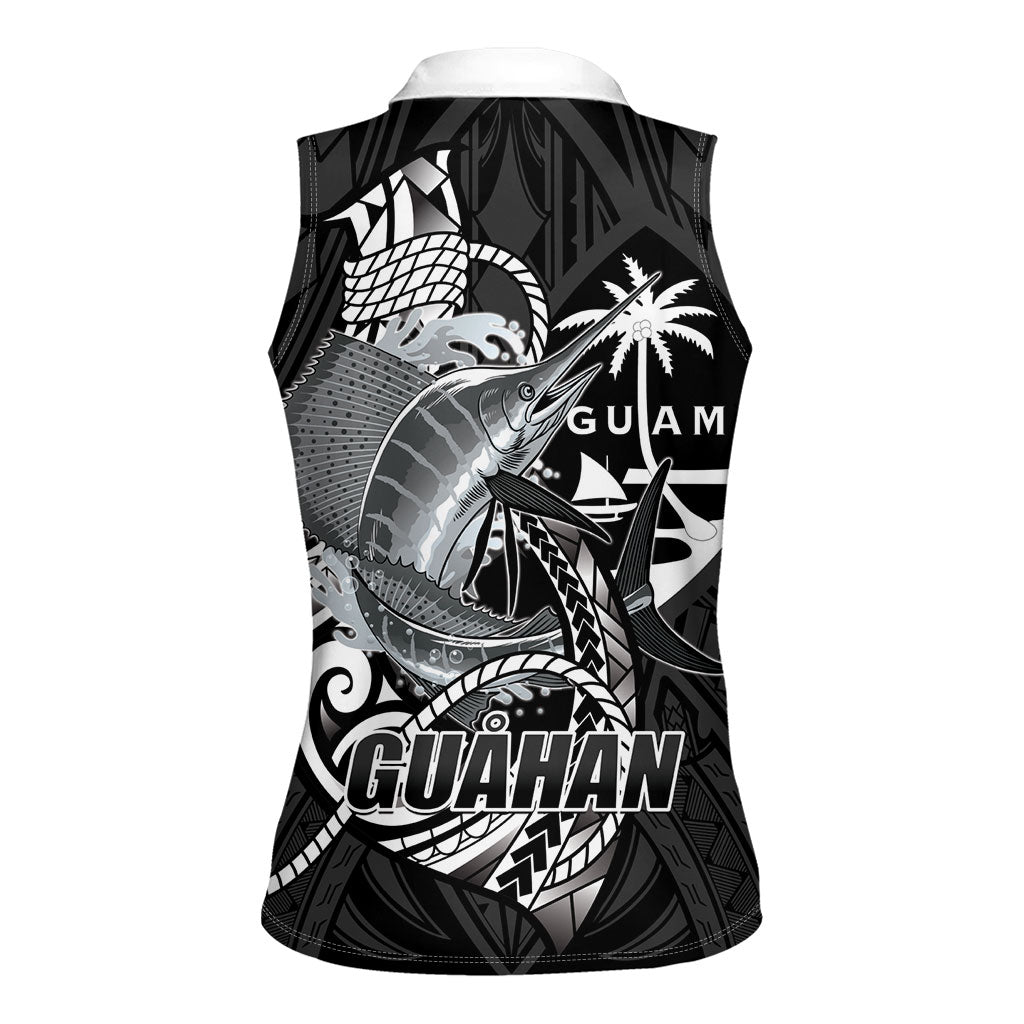 Guam Blue Marlin Fishing Women Sleeveless Polo Shirt Guahan Fish Hook Tattoo Black Version LT14 - Polynesian Pride
