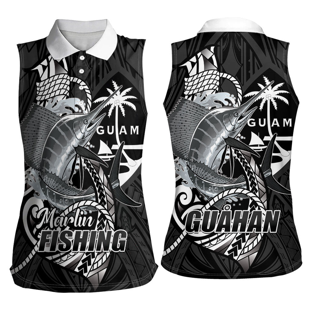 Guam Blue Marlin Fishing Women Sleeveless Polo Shirt Guahan Fish Hook Tattoo Black Version LT14 - Polynesian Pride