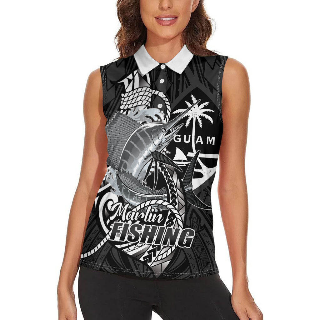 Guam Blue Marlin Fishing Women Sleeveless Polo Shirt Guahan Fish Hook Tattoo Black Version LT14 - Polynesian Pride
