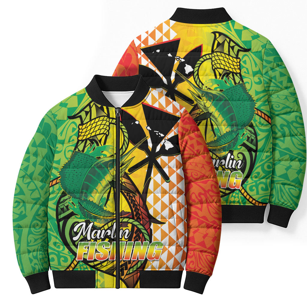 Hawaii Blue Marlin Fishing Bomber Puffer Jacket Hawaiian Kanaka Kakau Reggae LT14 - Polynesian Pride