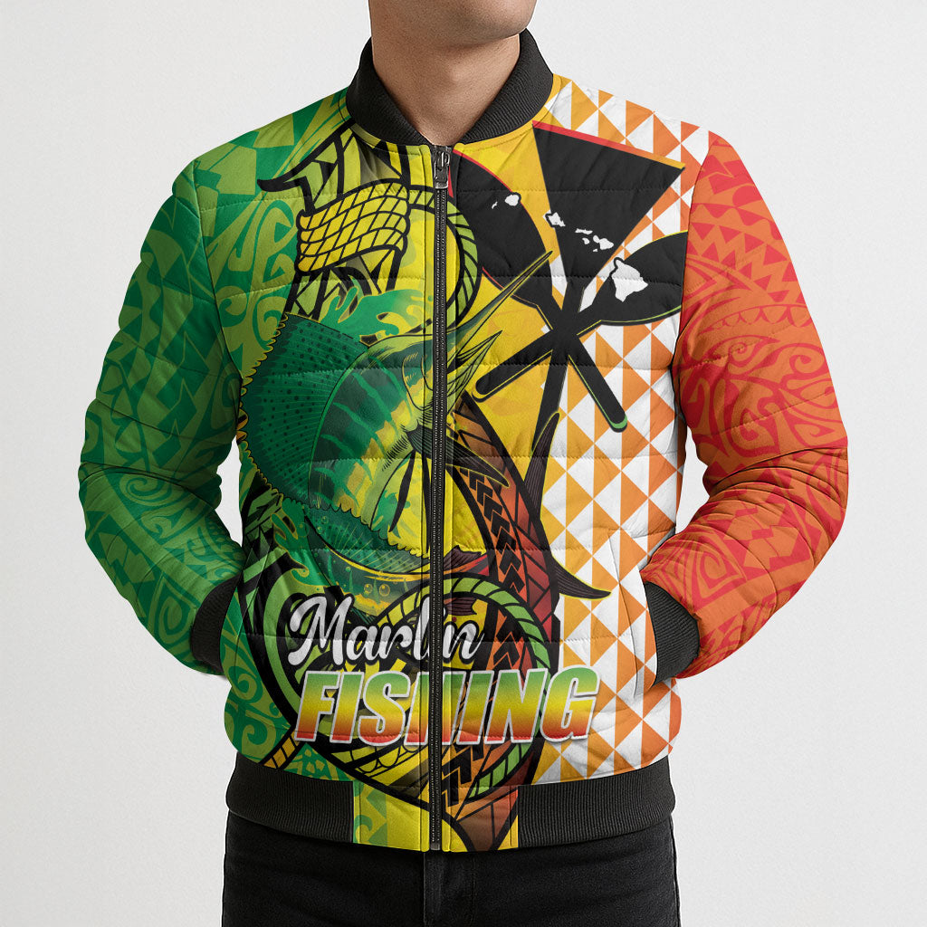 Hawaii Blue Marlin Fishing Bomber Puffer Jacket Hawaiian Kanaka Kakau Reggae LT14 - Polynesian Pride