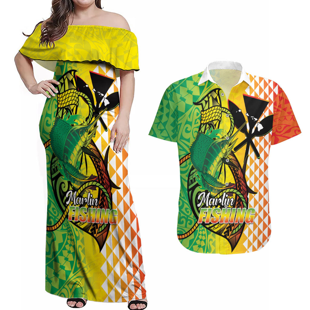 Hawaii Blue Marlin Fishing Couples Matching Off Shoulder Maxi Dress and Hawaiian Shirt Hawaiian Kanaka Kakau Reggae LT14 Reggae - Polynesian Pride