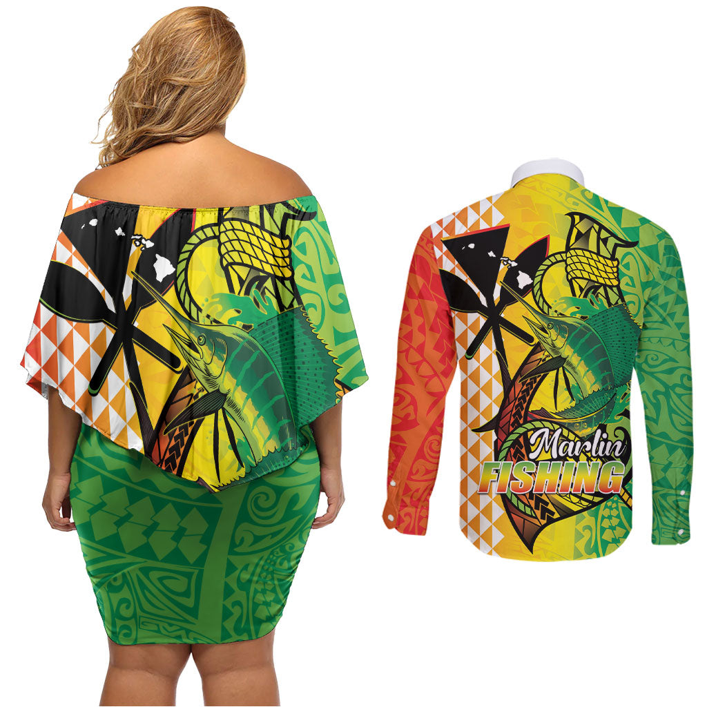 Hawaii Blue Marlin Fishing Couples Matching Off Shoulder Short Dress and Long Sleeve Button Shirt Hawaiian Kanaka Kakau Reggae LT14 - Polynesian Pride