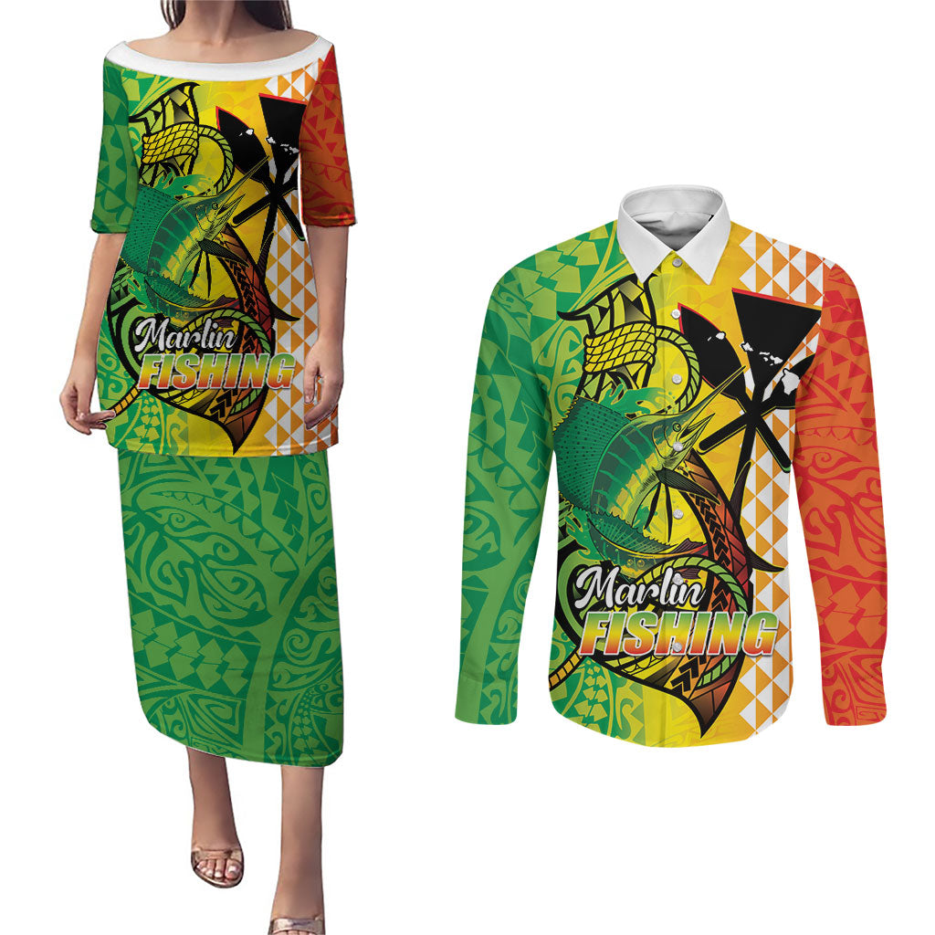 Hawaii Blue Marlin Fishing Couples Matching Puletasi and Long Sleeve Button Shirt Hawaiian Kanaka Kakau Reggae LT14 Reggae - Polynesian Pride