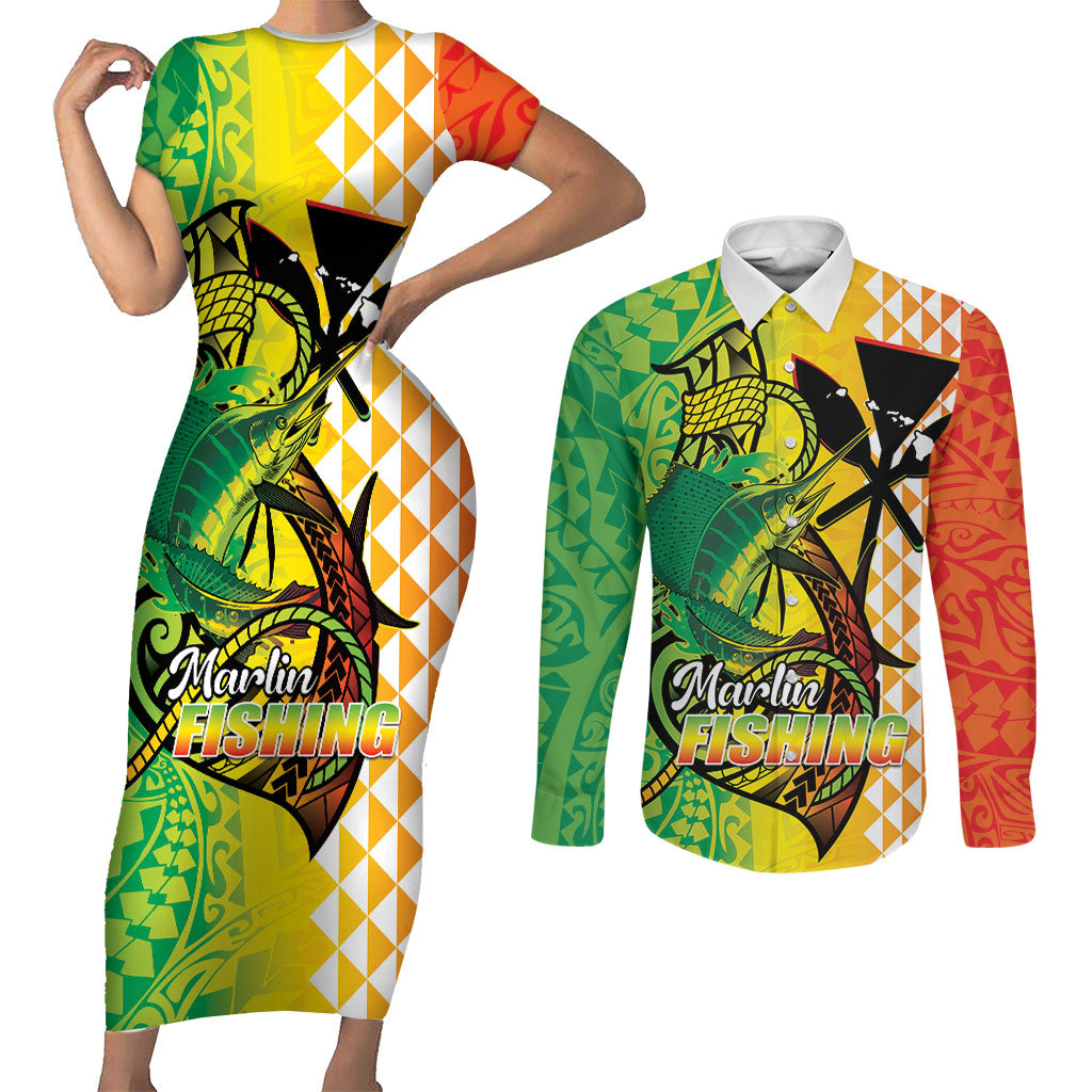Hawaii Blue Marlin Fishing Couples Matching Short Sleeve Bodycon Dress and Long Sleeve Button Shirt Hawaiian Kanaka Kakau Reggae LT14 Reggae - Polynesian Pride