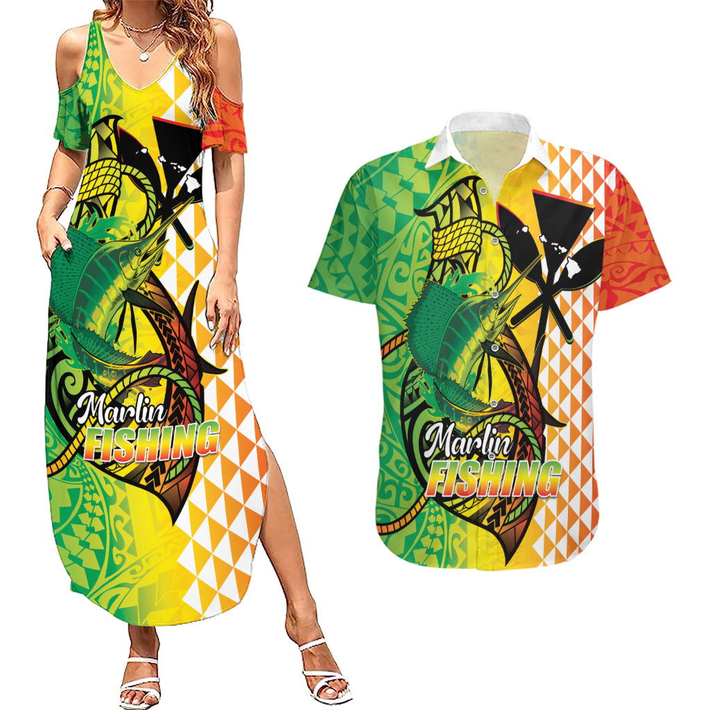 Hawaii Blue Marlin Fishing Couples Matching Summer Maxi Dress and Hawaiian Shirt Hawaiian Kanaka Kakau Reggae
