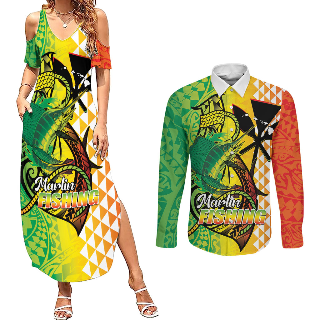 Hawaii Blue Marlin Fishing Couples Matching Summer Maxi Dress and Long Sleeve Button Shirt Hawaiian Kanaka Kakau Reggae LT14 Reggae - Polynesian Pride