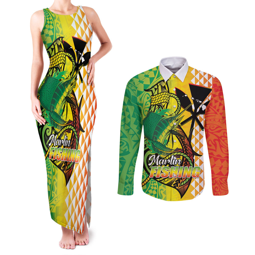 Hawaii Blue Marlin Fishing Couples Matching Tank Maxi Dress and Long Sleeve Button Shirt Hawaiian Kanaka Kakau Reggae LT14 Reggae - Polynesian Pride