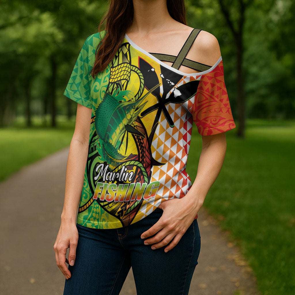 Hawaii Blue Marlin Fishing Cross Shoulder Shirt Hawaiian Kanaka Kakau Reggae LT14 - Polynesian Pride