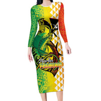 Hawaii Blue Marlin Fishing Family Matching Long Sleeve Bodycon Dress and Hawaiian Shirt Hawaiian Kanaka Kakau Reggae LT14 Mom's Dress Reggae - Polynesian Pride