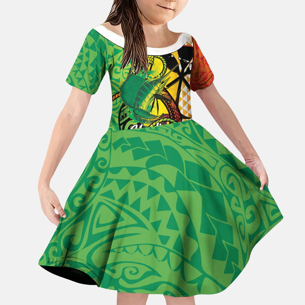 Hawaii Blue Marlin Fishing Family Matching Off The Shoulder Long Sleeve Dress and Hawaiian Shirt Hawaiian Kanaka Kakau Reggae LT14 Daughter's Dress Reggae - Polynesian Pride