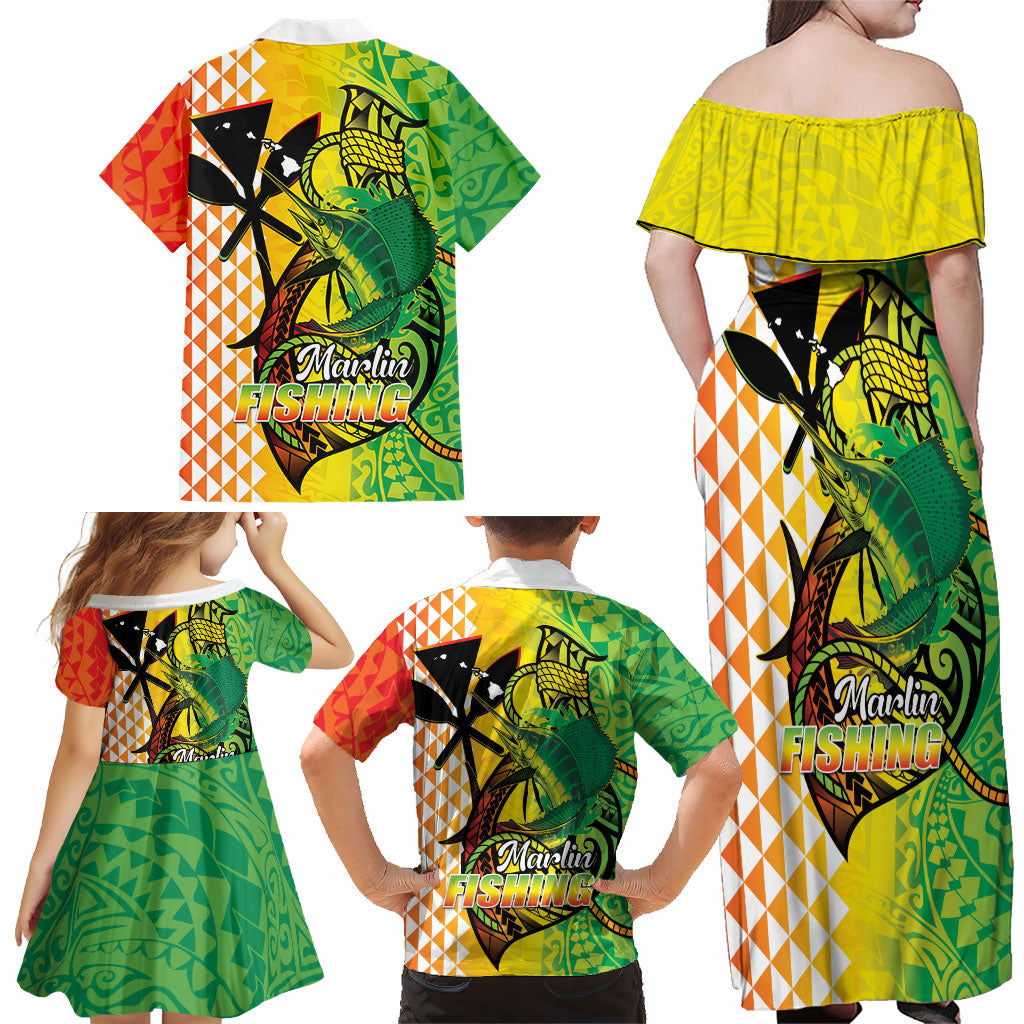 Hawaii Blue Marlin Fishing Family Matching Off Shoulder Maxi Dress and Hawaiian Shirt Hawaiian Kanaka Kakau Reggae LT14 - Polynesian Pride