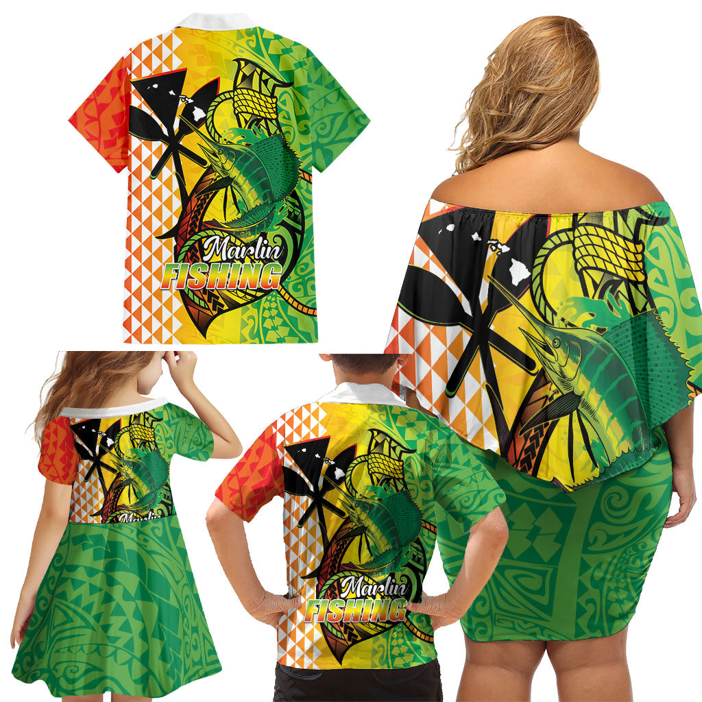 Hawaii Blue Marlin Fishing Family Matching Off Shoulder Short Dress and Hawaiian Shirt Hawaiian Kanaka Kakau Reggae LT14 - Polynesian Pride