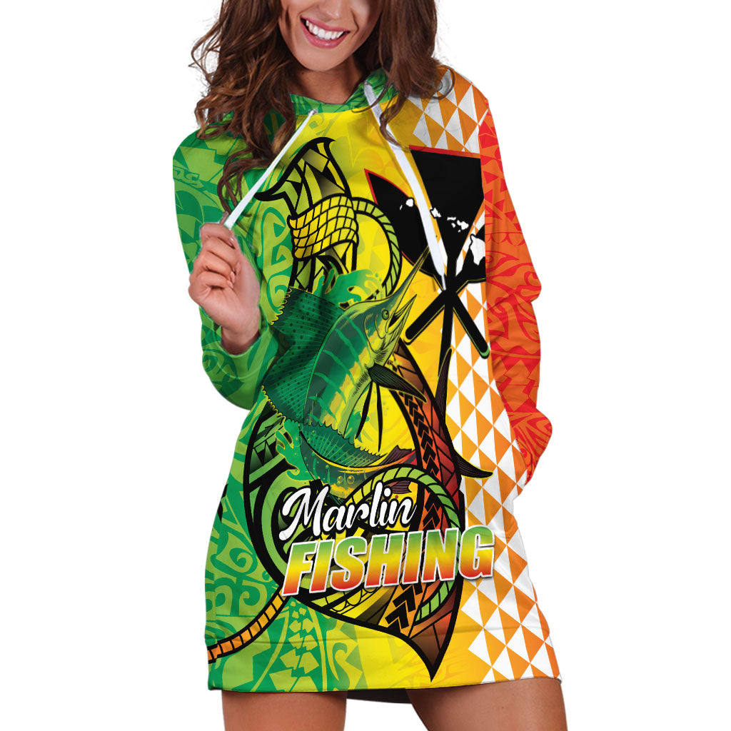 Hawaii Blue Marlin Fishing Hoodie Dress Hawaiian Kanaka Kakau Reggae