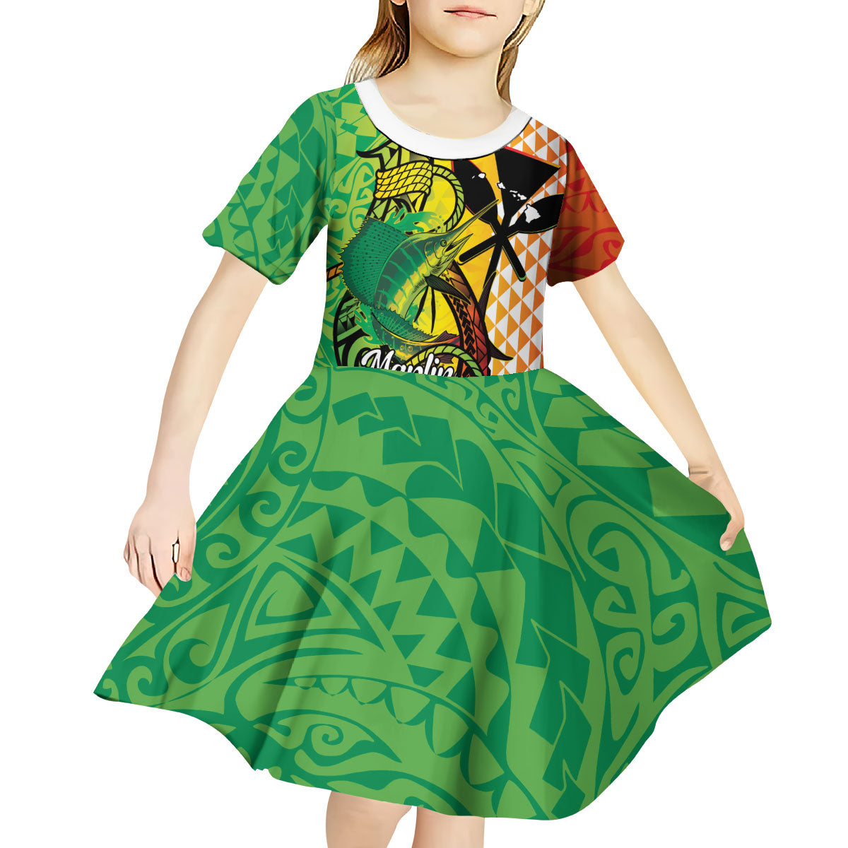 Hawaii Blue Marlin Fishing Kid Short Sleeve Dress Hawaiian Kanaka Kakau Reggae LT14 - Polynesian Pride