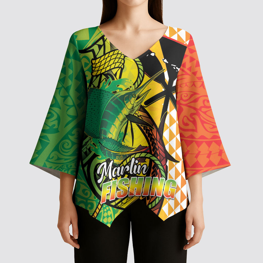 Hawaii Blue Marlin Fishing Kimono Sleeve Blouse Hawaiian Kanaka Kakau Reggae