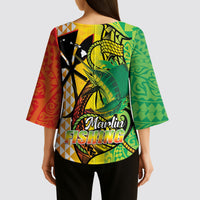 Hawaii Blue Marlin Fishing Kimono Sleeve Blouse Hawaiian Kanaka Kakau Reggae
