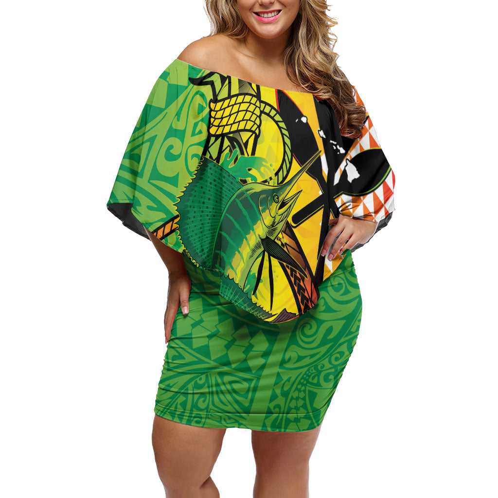 Hawaii Blue Marlin Fishing Off Shoulder Short Dress Hawaiian Kanaka Kakau Reggae
