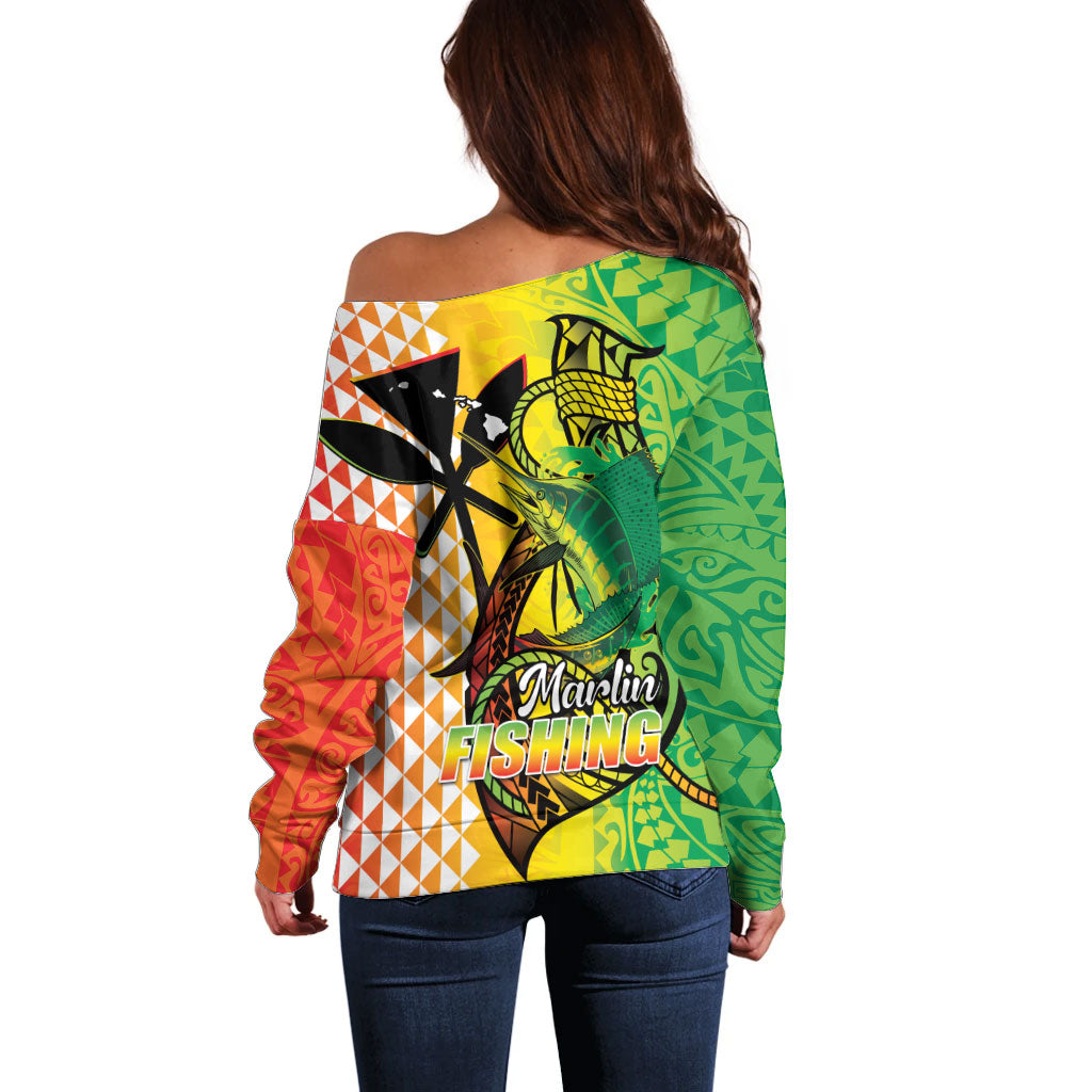 Hawaii Blue Marlin Fishing Off Shoulder Sweater Hawaiian Kanaka Kakau Reggae