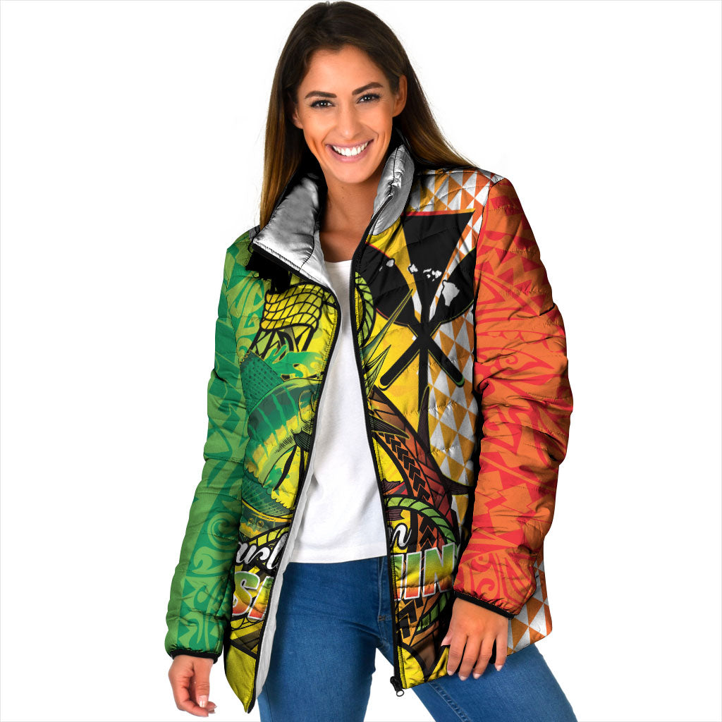 Hawaii Blue Marlin Fishing Padded Jacket Hawaiian Kanaka Kakau Reggae LT14 Women Reggae - Polynesian Pride