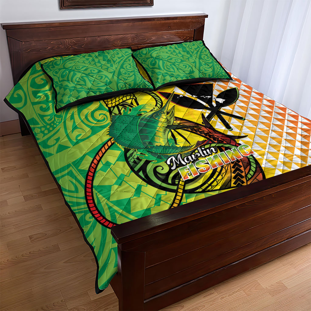 Hawaii Blue Marlin Fishing Quilt Bed Set Hawaiian Kanaka Kakau Reggae