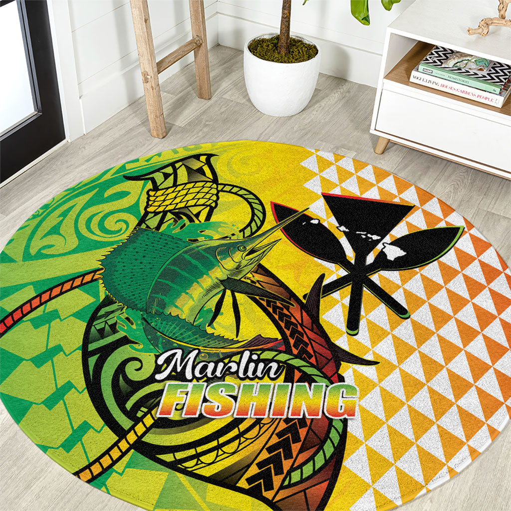 Hawaii Blue Marlin Fishing Round Carpet Hawaiian Kanaka Kakau Reggae