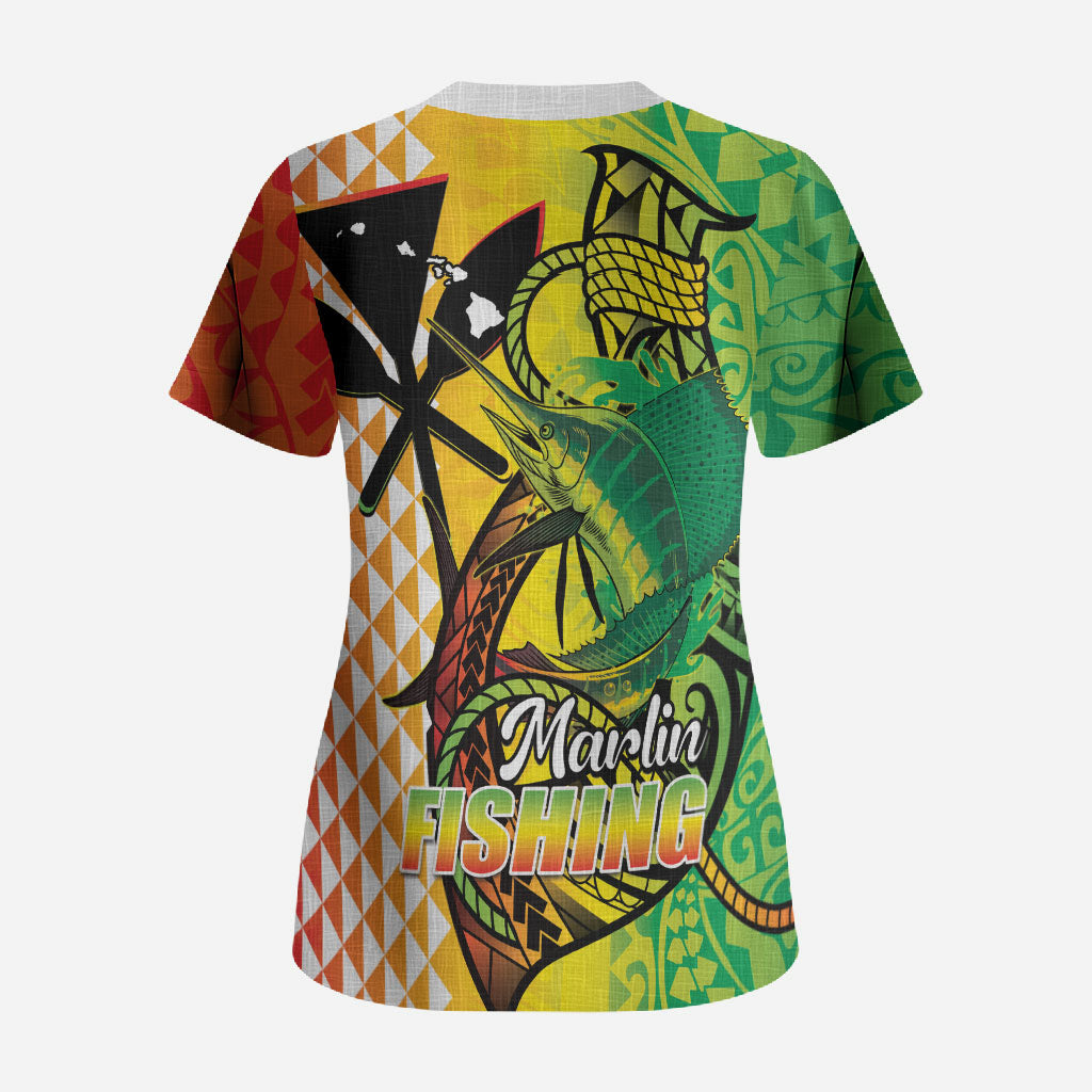 Hawaii Blue Marlin Fishing Scrub Top Hawaiian Kanaka Kakau Reggae