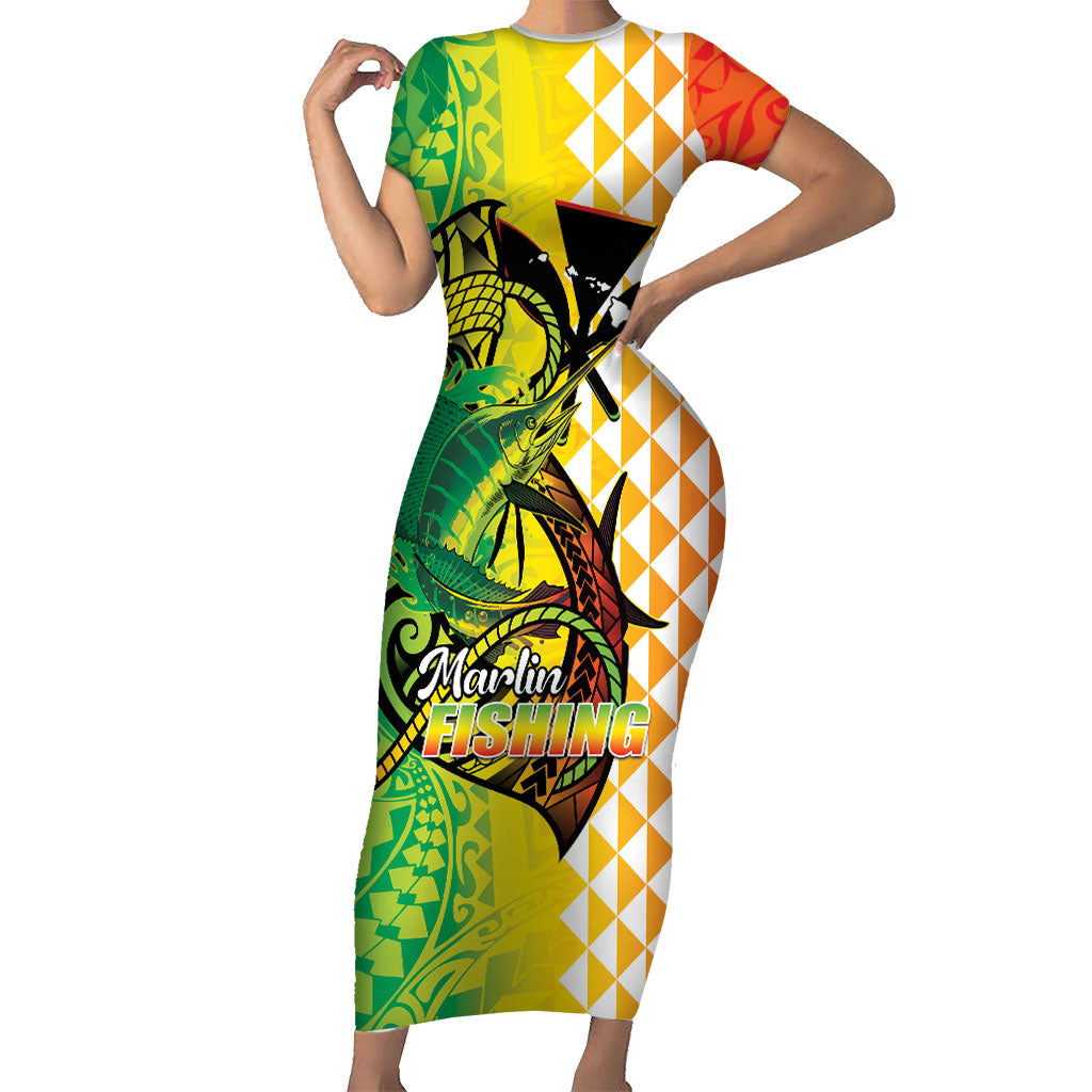 Hawaii Blue Marlin Fishing Short Sleeve Bodycon Dress Hawaiian Kanaka Kakau Reggae LT14 Long Dress Reggae - Polynesian Pride
