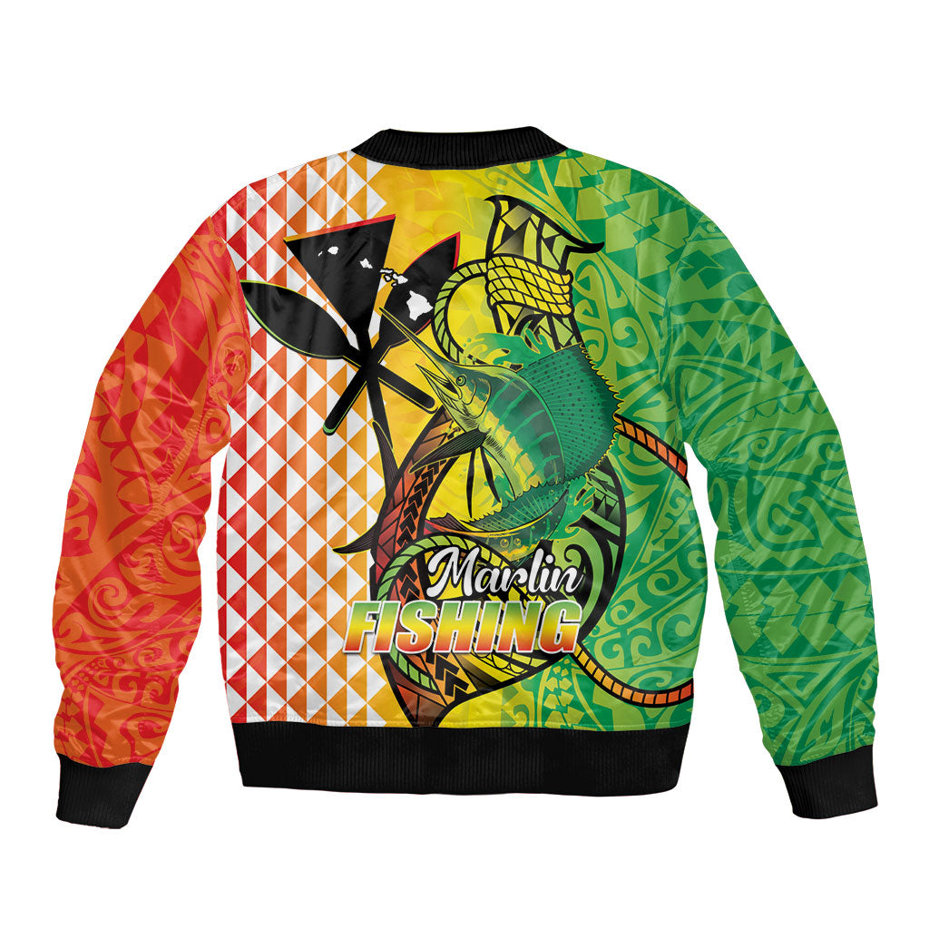 Hawaii Blue Marlin Fishing Sleeve Zip Bomber Jacket Hawaiian Kanaka Kakau Reggae