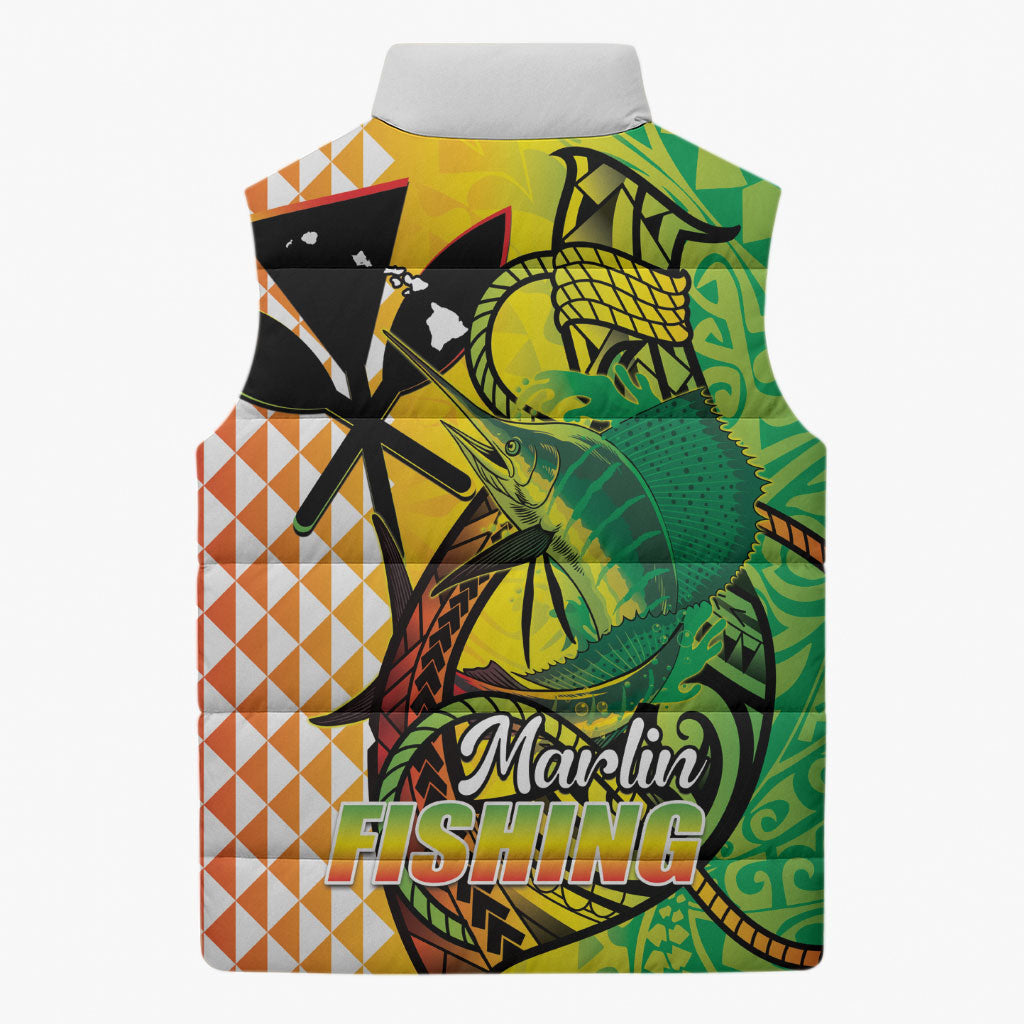 Hawaii Blue Marlin Fishing Sleeveless Puffer Jacket Hawaiian Kanaka Kakau Reggae